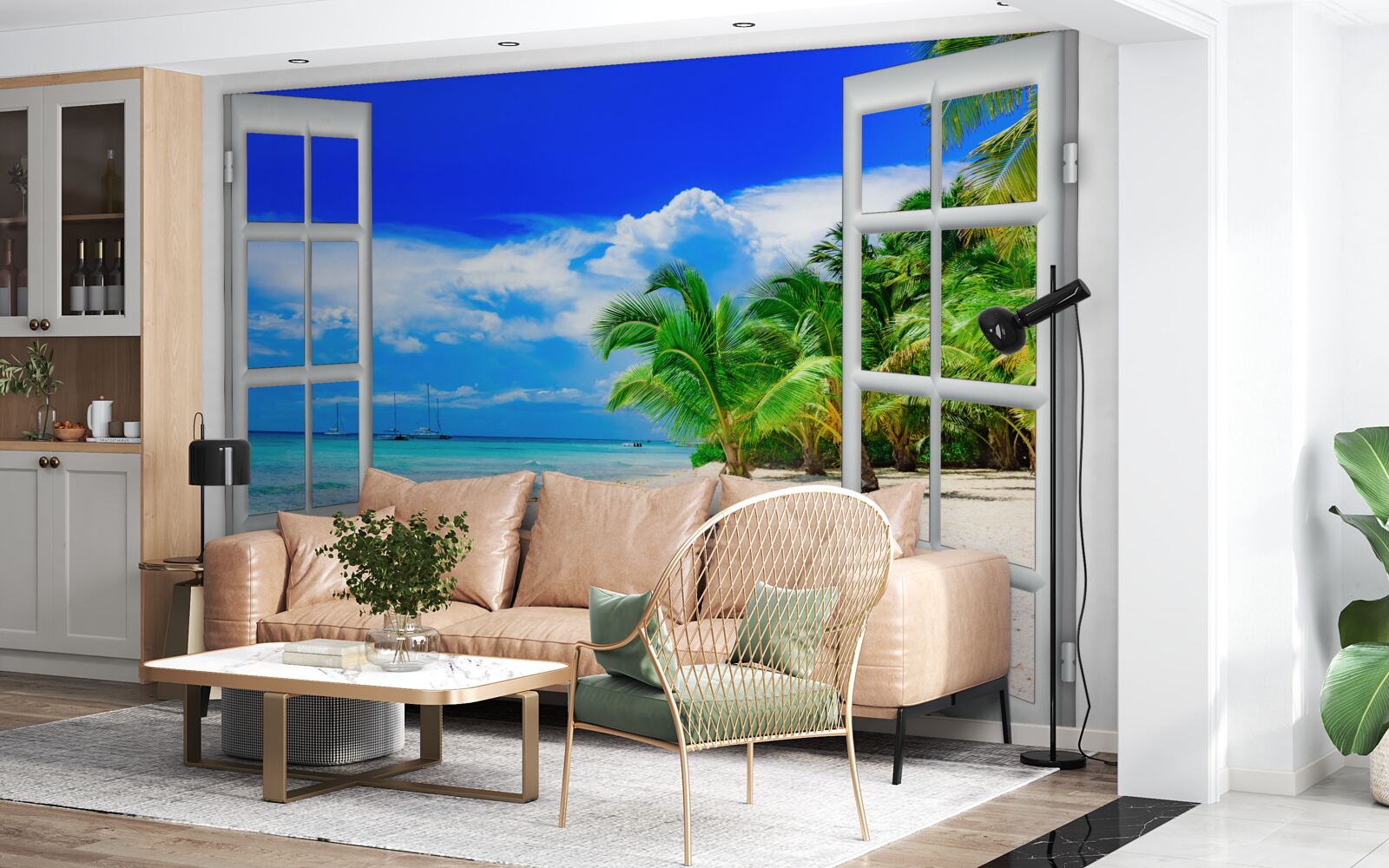 Fototapeta okno s výhľadom na piesočnaté pobrežie