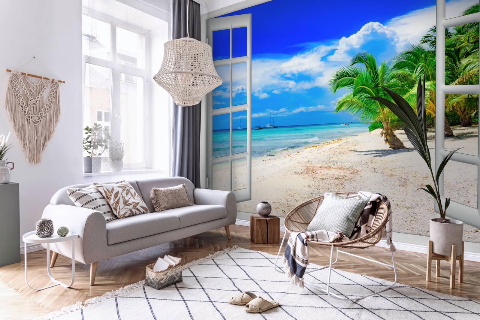 Fototapeta okno s výhľadom na piesočnaté pobrežie