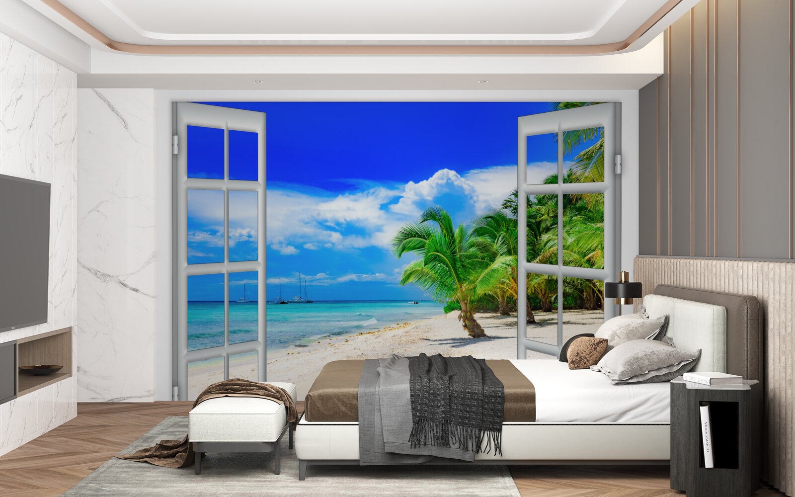 Fototapeta okno s výhľadom na piesočnaté pobrežie