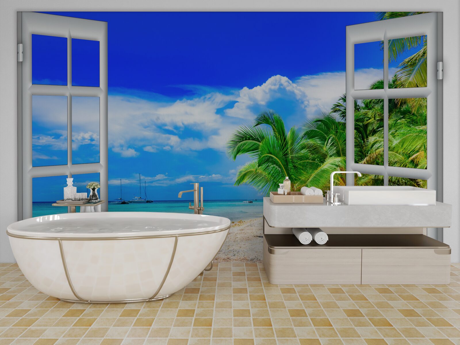 Fototapeta okno s výhľadom na piesočnaté pobrežie