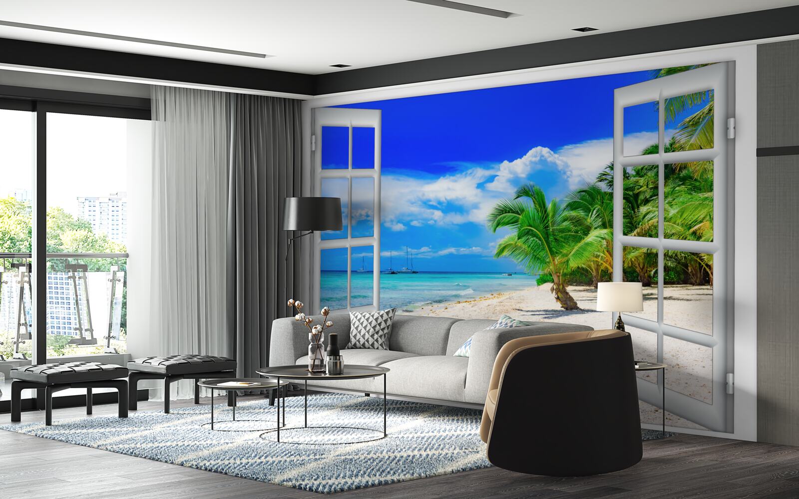 Fototapeta okno s výhľadom na piesočnaté pobrežie