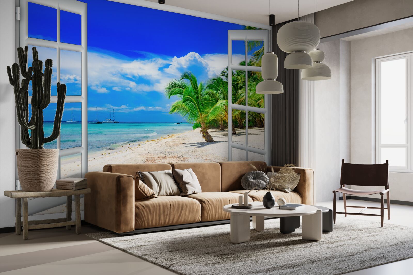 Fototapeta okno s výhľadom na piesočnaté pobrežie