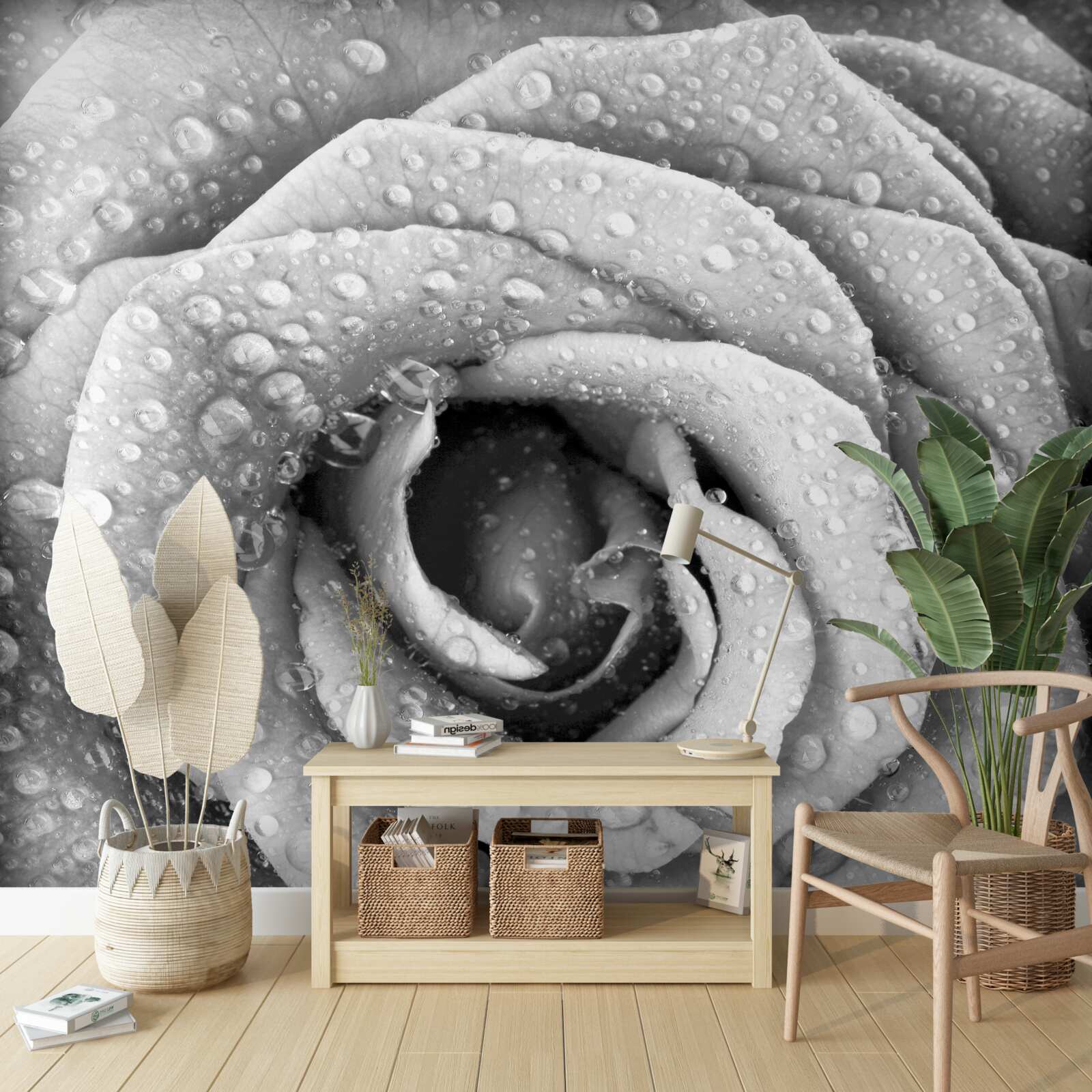 Fototapeta ruža v čiernej a bielej s kvapkami