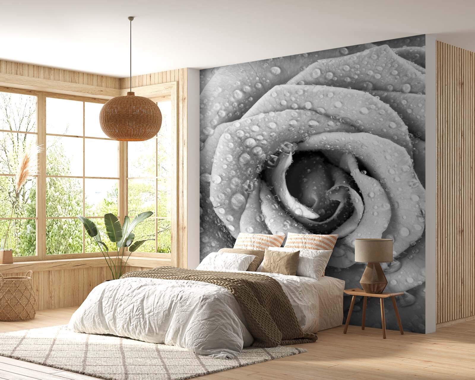 Fototapeta ruža v čiernej a bielej s kvapkami