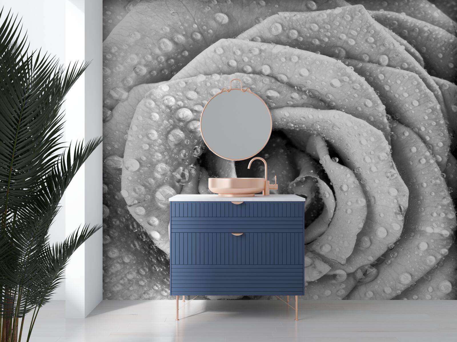 Fototapeta ruža v čiernej a bielej s kvapkami