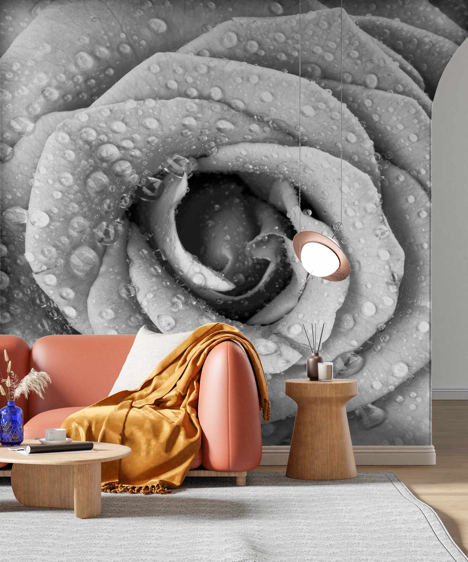 Fototapeta ruža v čiernej a bielej s kvapkami