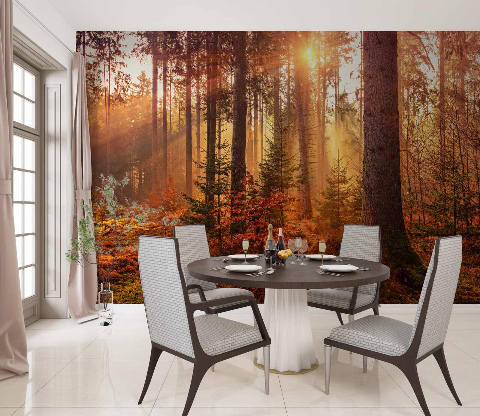 Fototapeta les na jeseň osvetlený slnečnými lúčmi