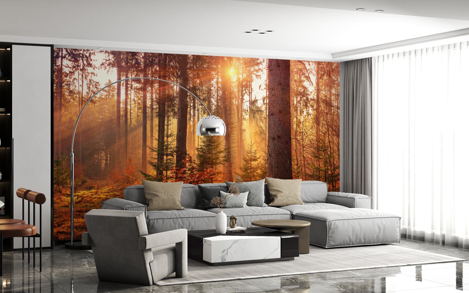 Fototapeta les na jeseň osvetlený slnečnými lúčmi