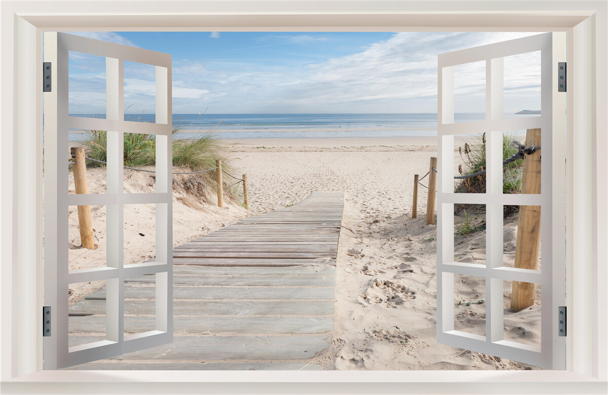 Fototapeta otvorené okno s výhľadom na pláž a oceán