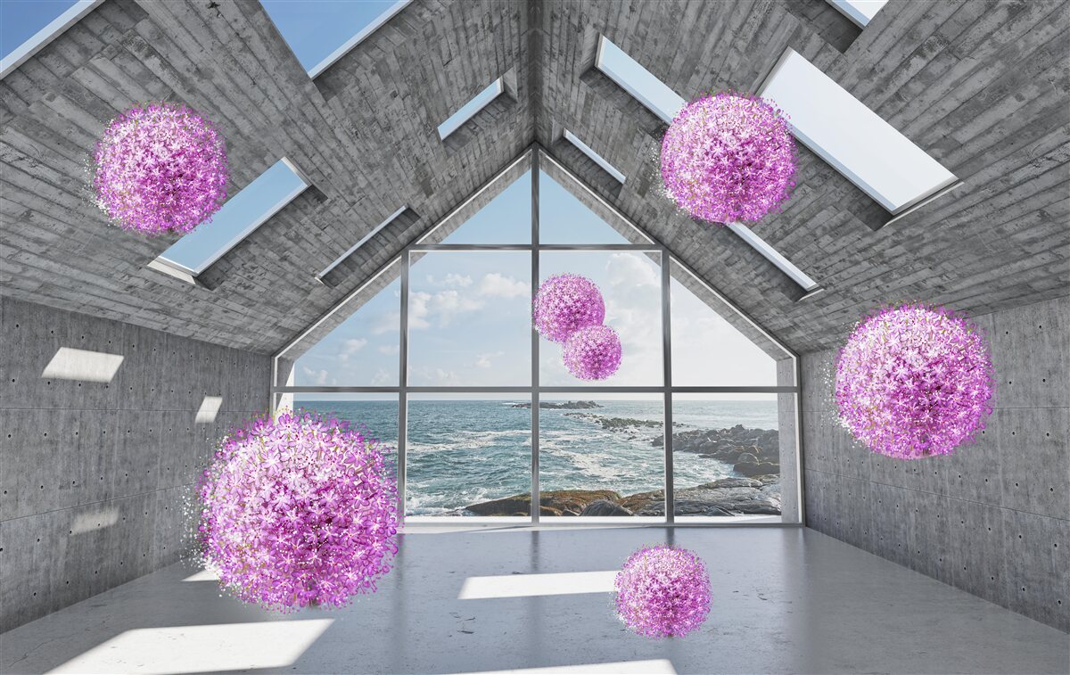 Fototapeta fialové gule a malebná krajina za oknom