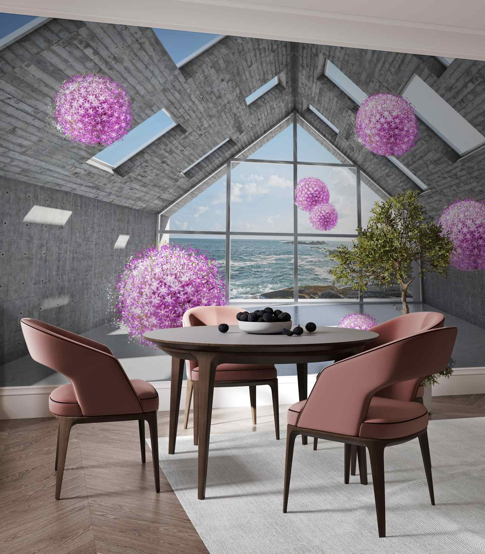 Fototapeta fialové gule a malebná krajina za oknom