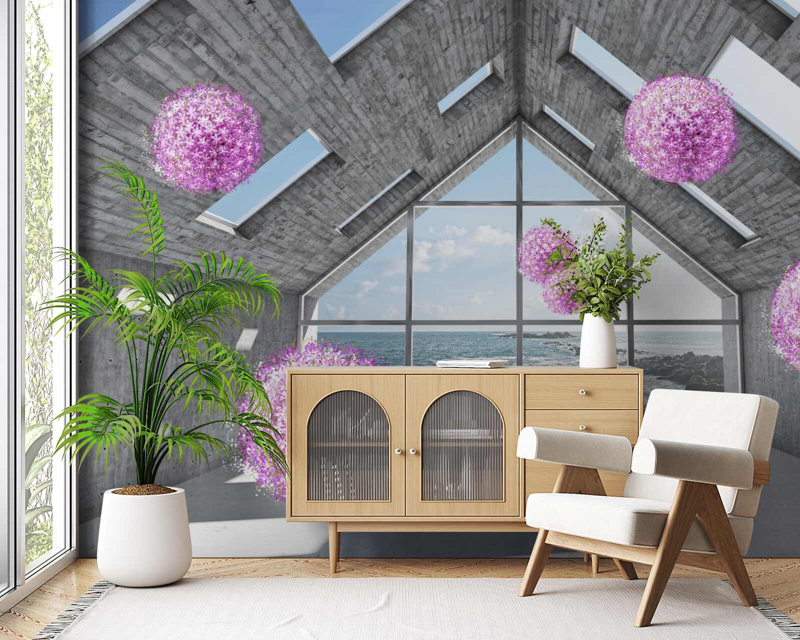 Fototapeta fialové gule a malebná krajina za oknom