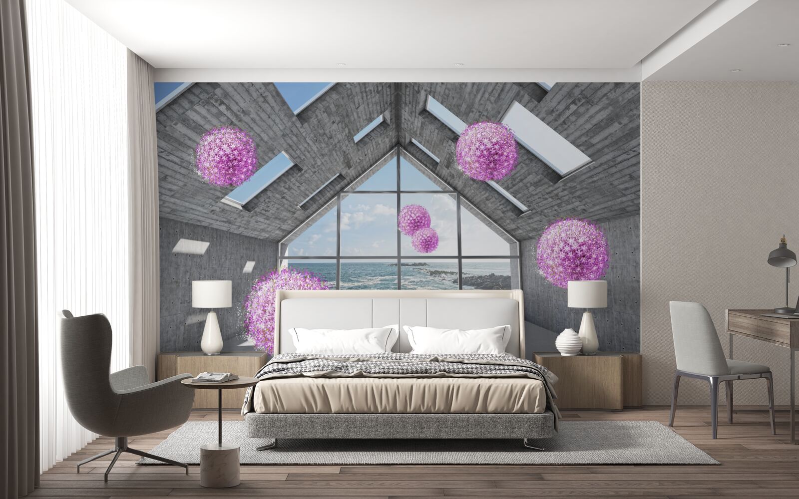 Fototapeta fialové gule a malebná krajina za oknom