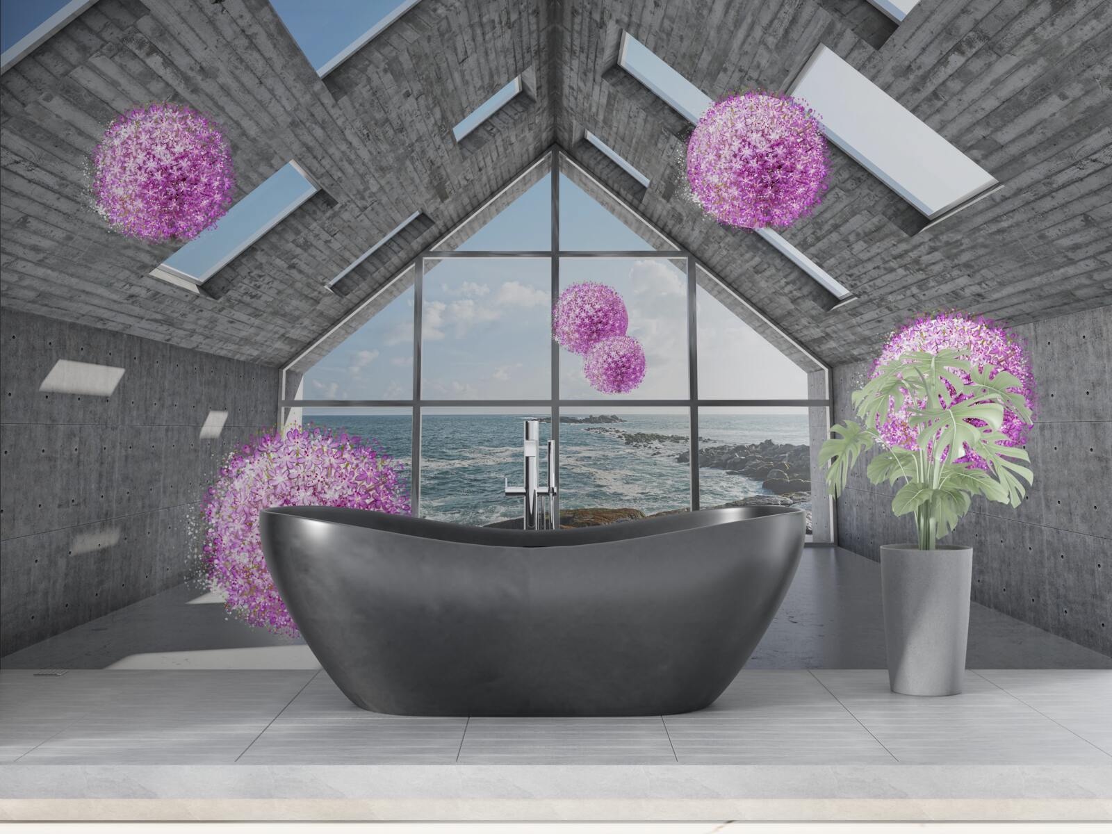 Fototapeta fialové gule a malebná krajina za oknom