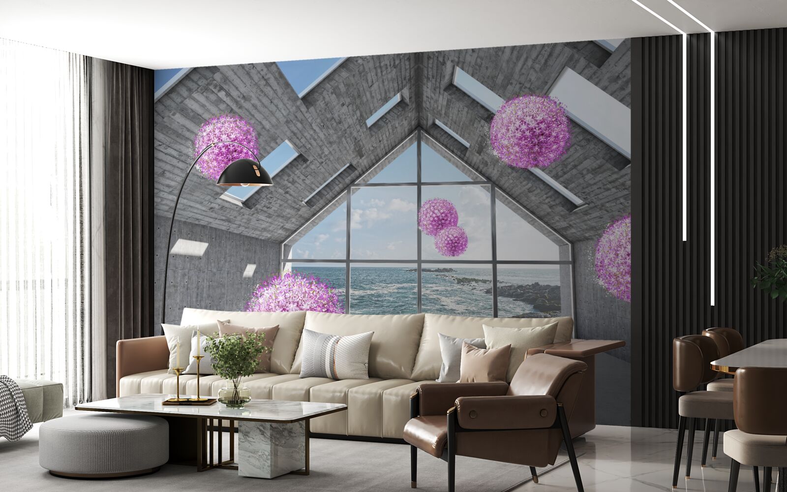 Fototapeta fialové gule a malebná krajina za oknom