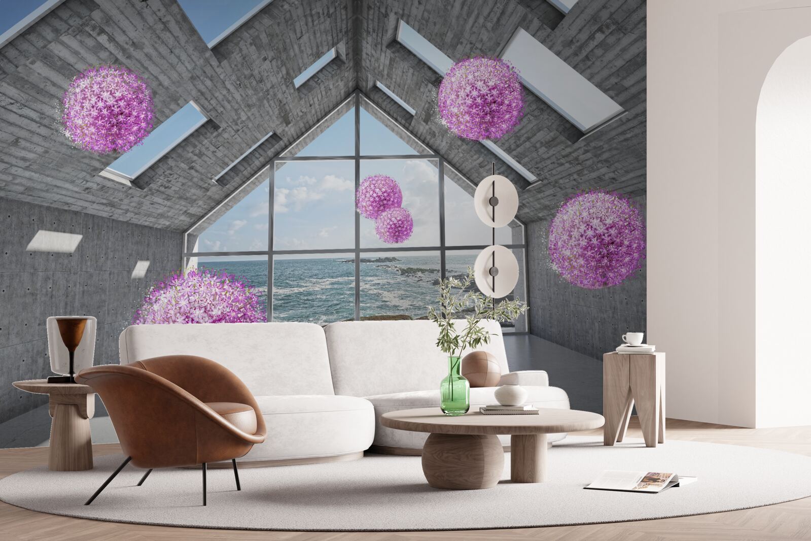 Fototapeta fialové gule a malebná krajina za oknom