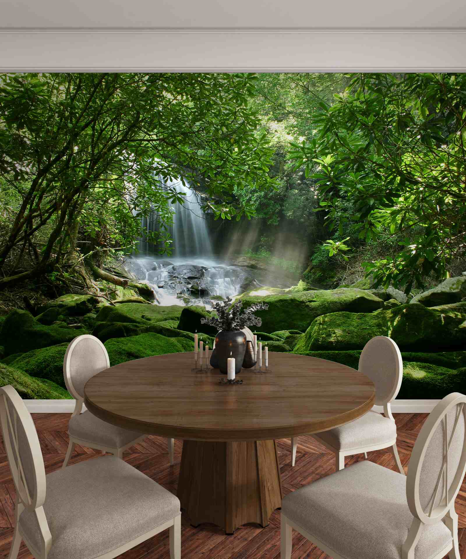 Fototapeta vodopád obklopený bujnou zeleňou a stromami