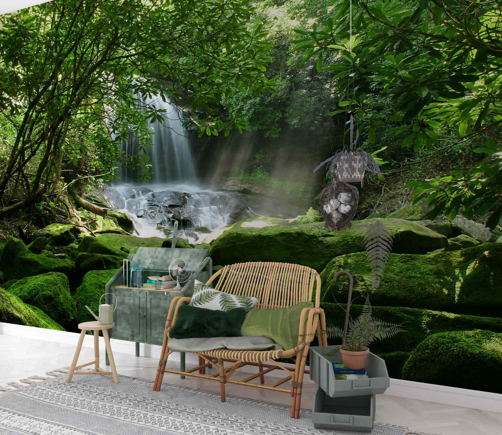 Fototapeta vodopád obklopený bujnou zeleňou a stromami