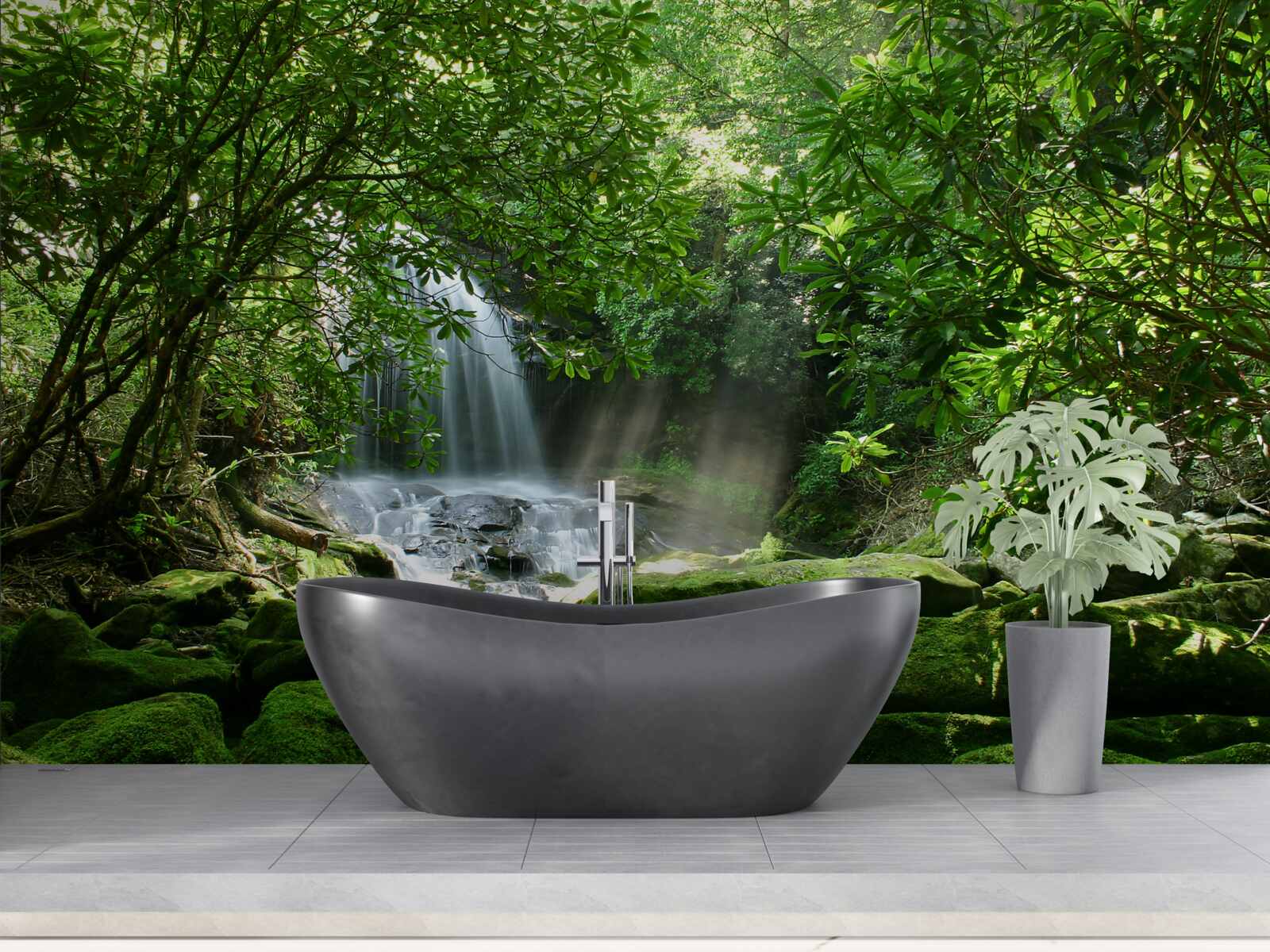 Fototapeta vodopád obklopený bujnou zeleňou a stromami