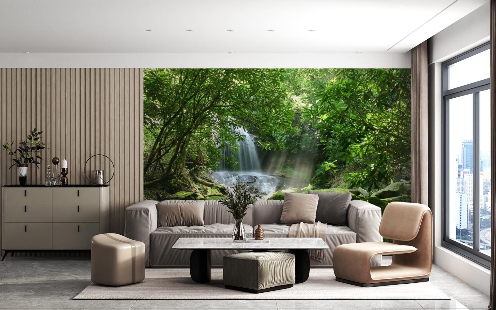 Fototapeta vodopád obklopený bujnou zeleňou a stromami