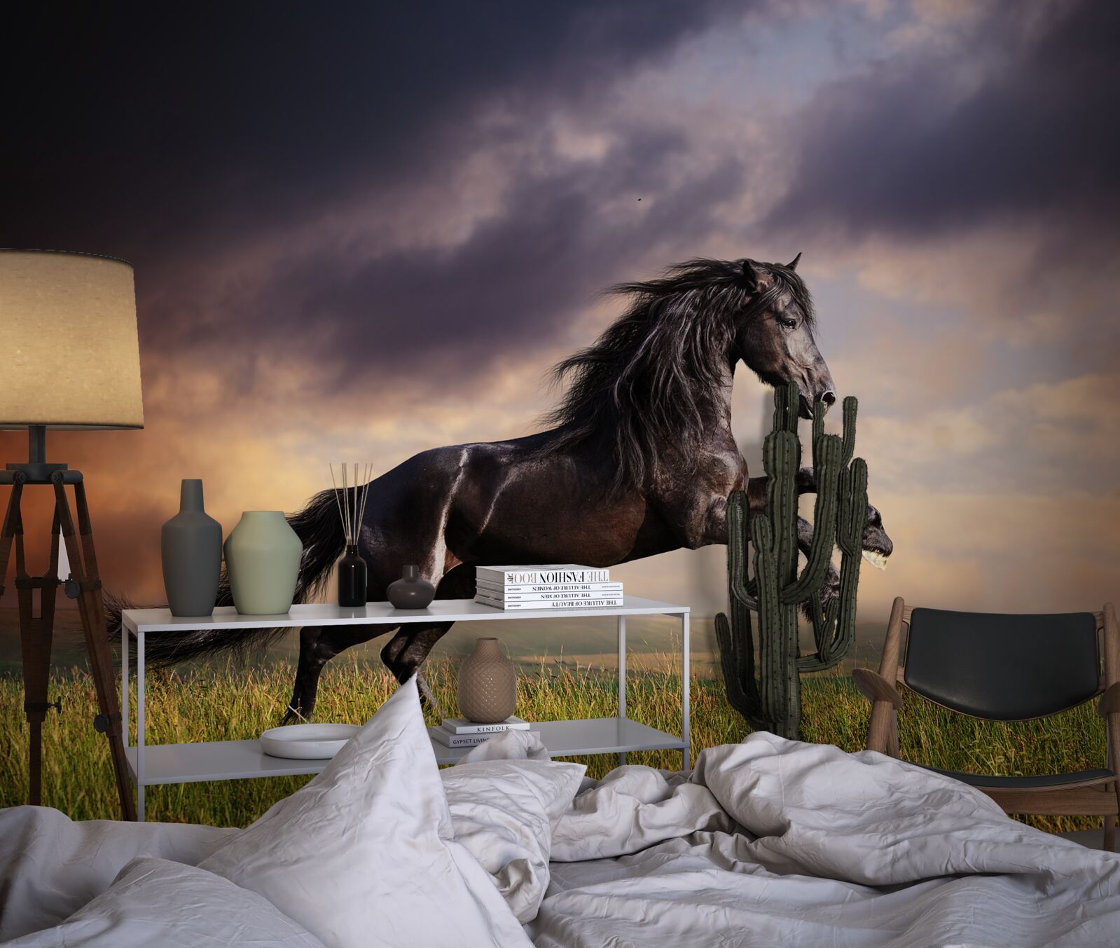 Fototapeta kôň cvála na pozadí tmavej oblohy