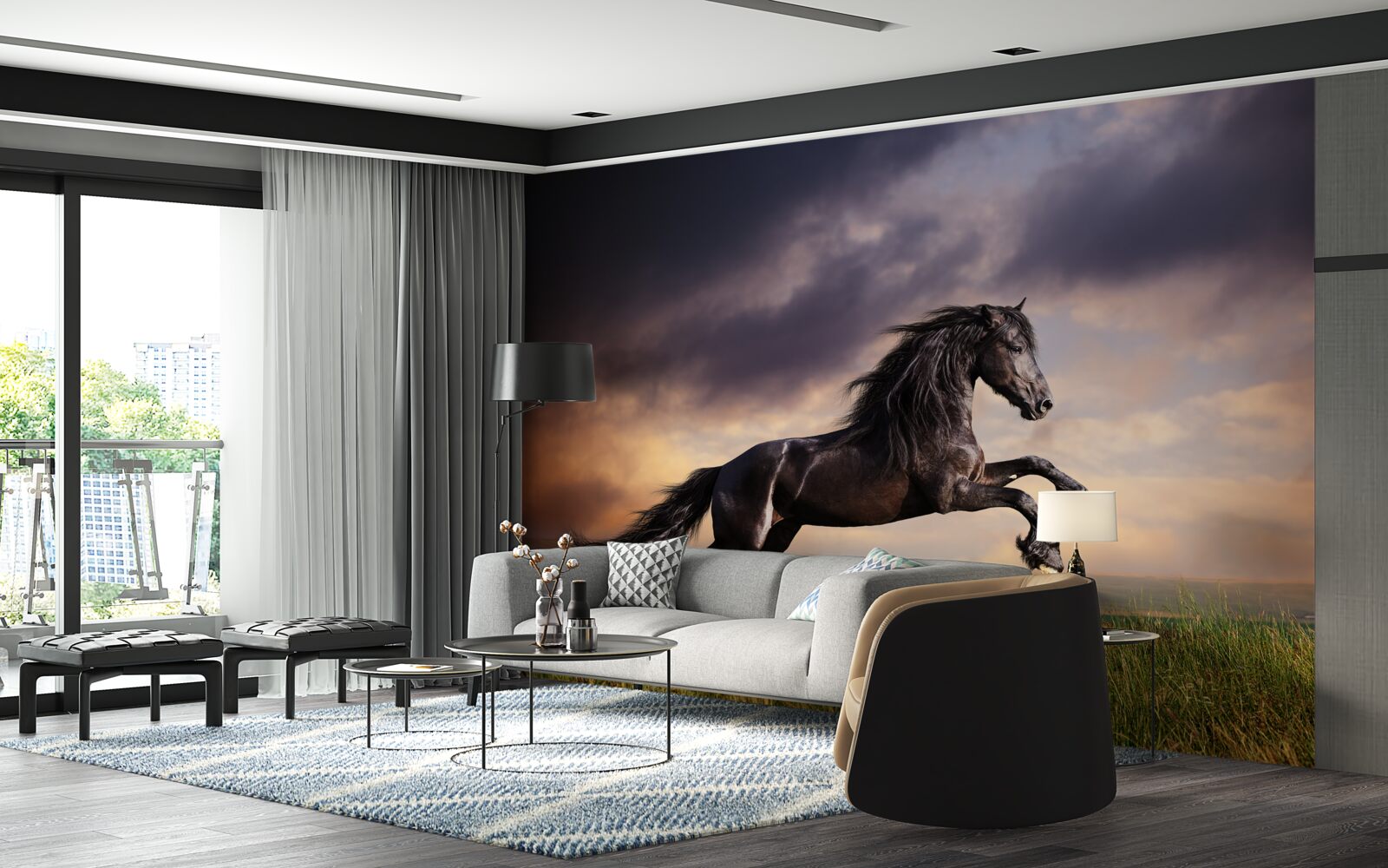 Fototapeta kôň cvála na pozadí tmavej oblohy