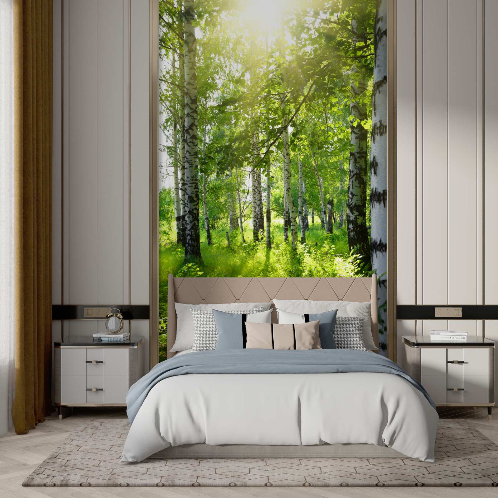 Fototapeta slnečné lúče v brezovom háji