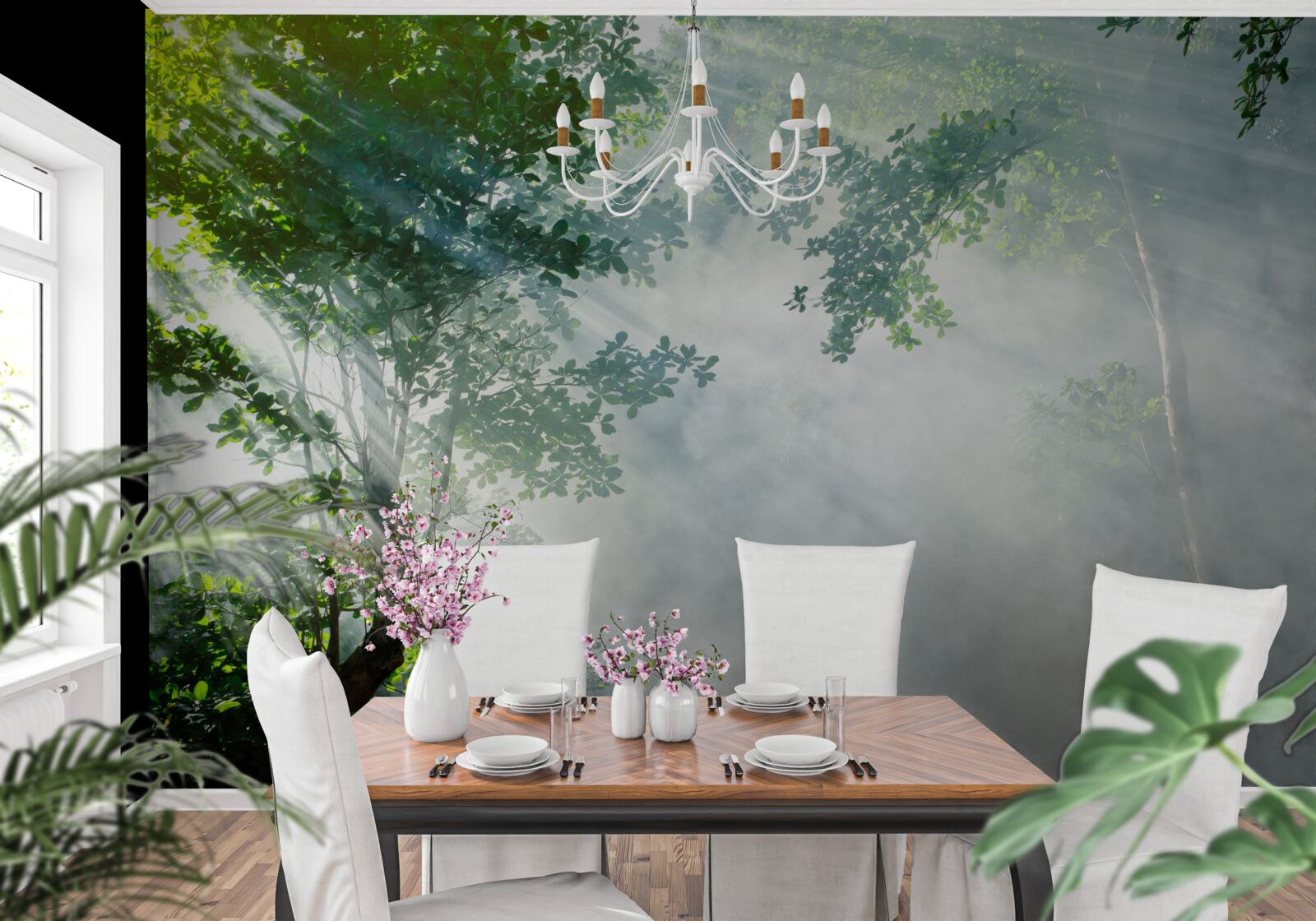 Fototapeta lúče ranného slnka prenikajú lesom