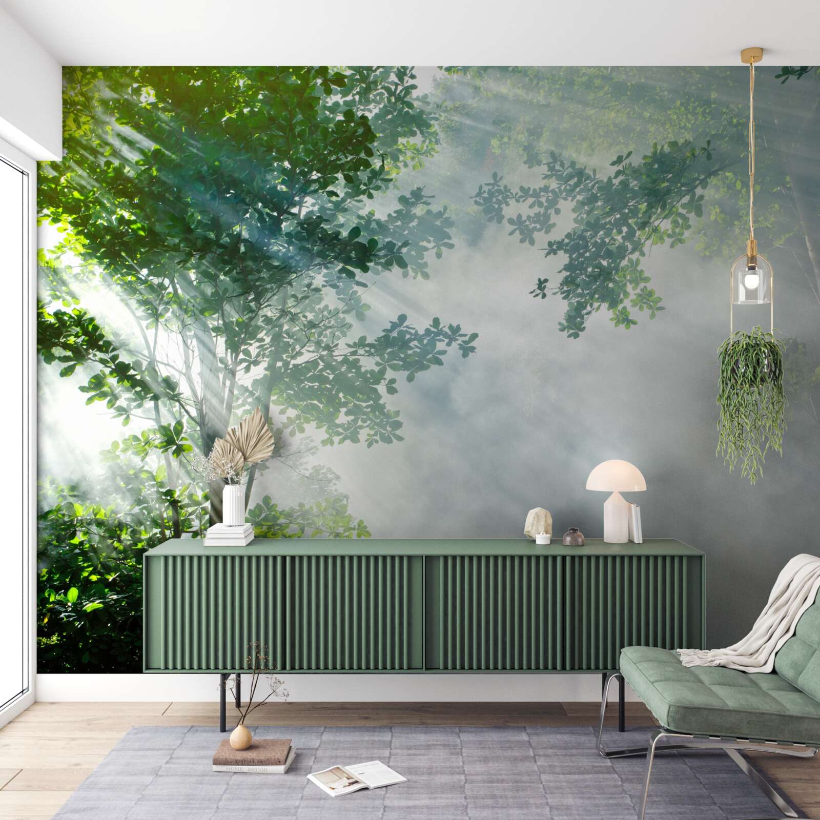 Fototapeta lúče ranného slnka prenikajú lesom