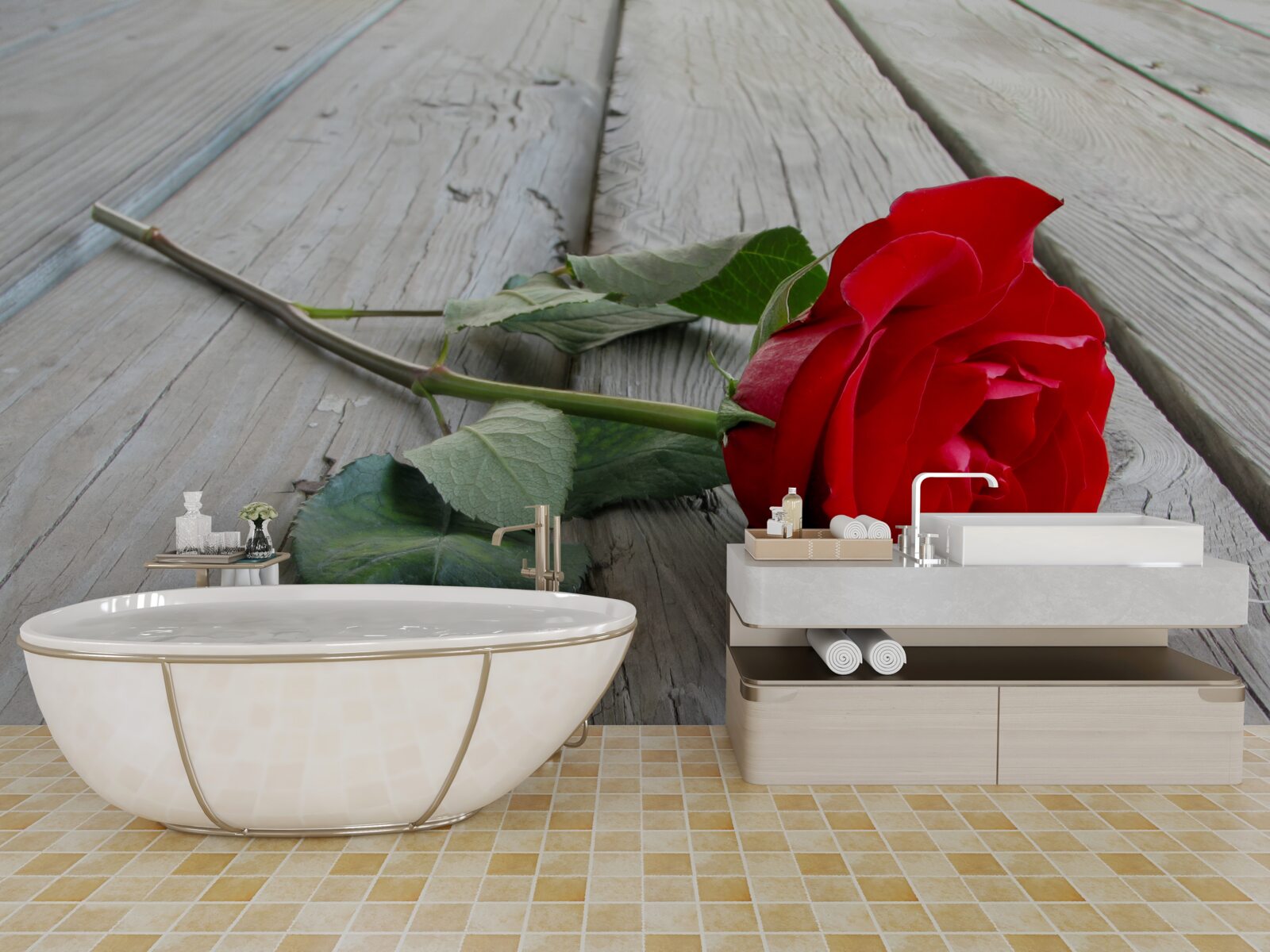 Fototapeta šarlátový kvet na drevenom povrchu