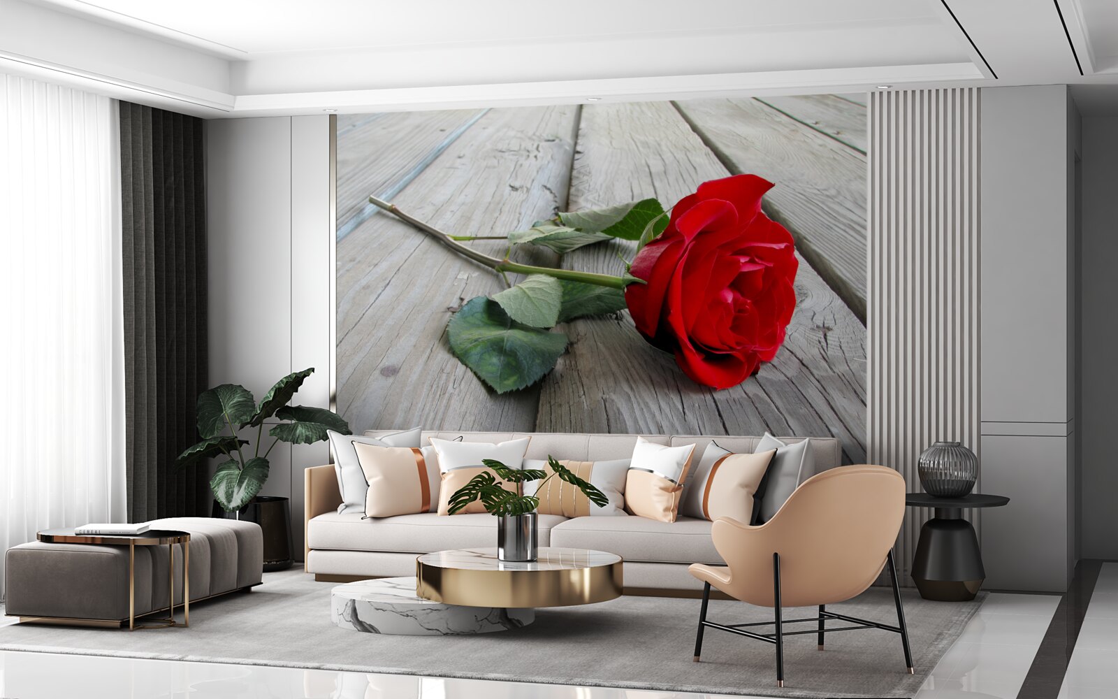 Fototapeta šarlátový kvet na drevenom povrchu