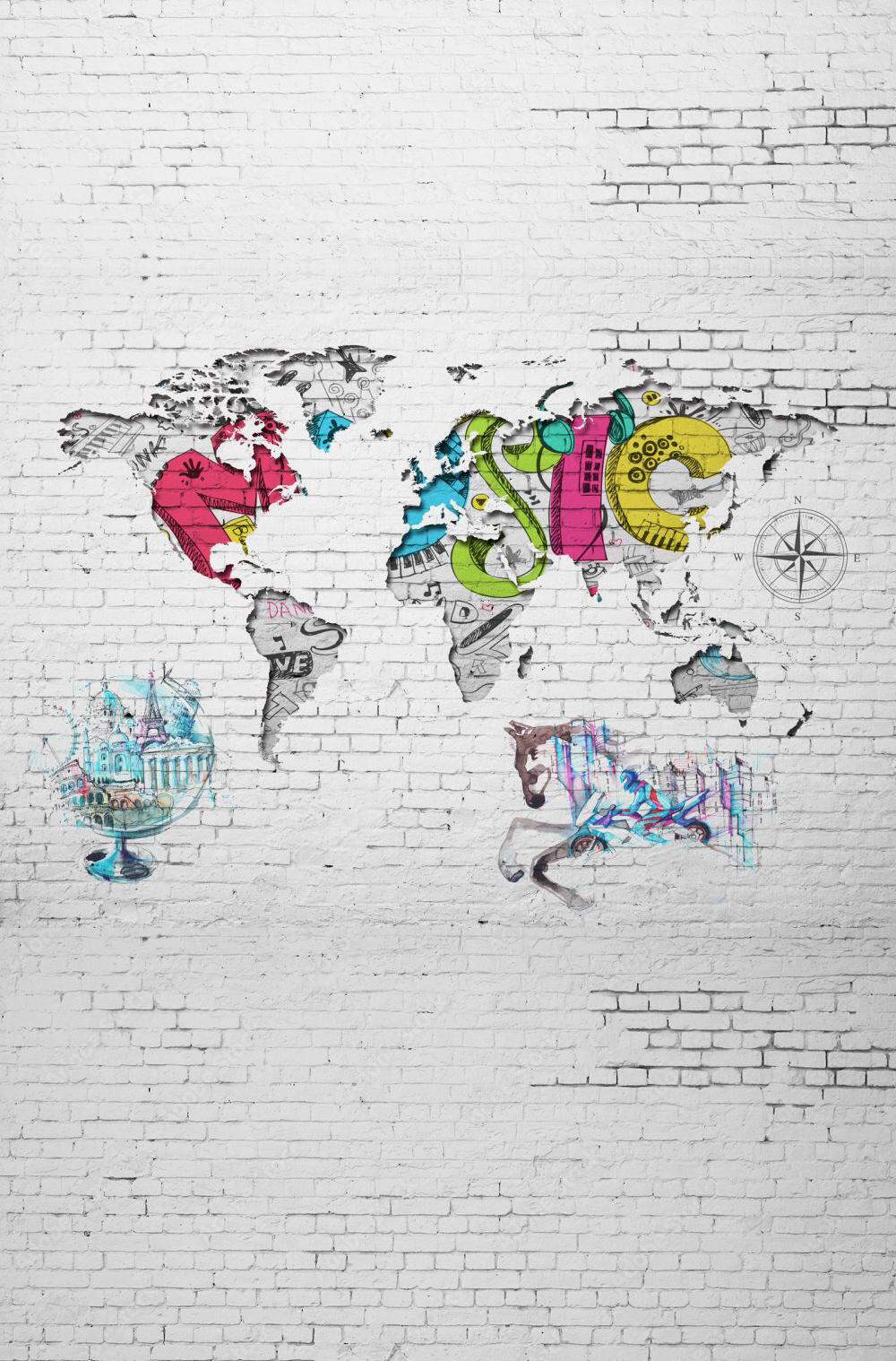 Fototapeta mapa sveta v rôznych farbách na bielej tehlovej stene