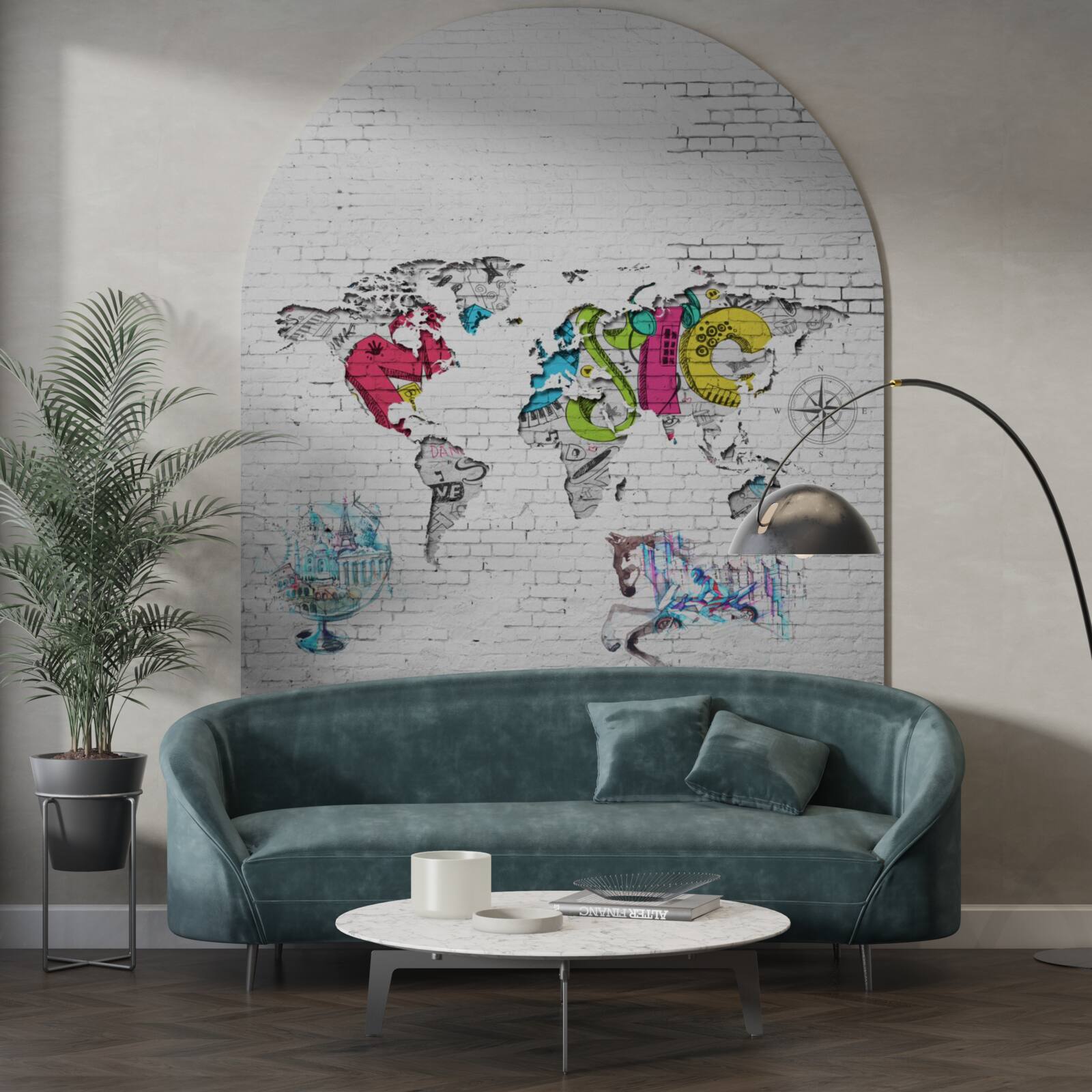 Fototapeta mapa sveta v rôznych farbách na bielej tehlovej stene