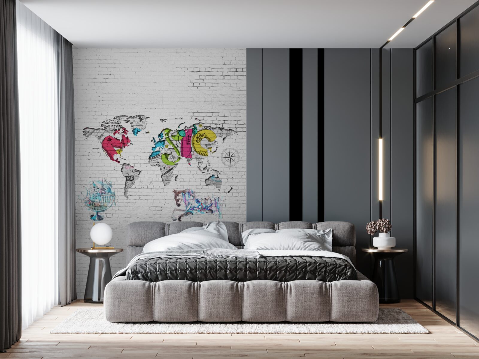 Fototapeta mapa sveta v rôznych farbách na bielej tehlovej stene