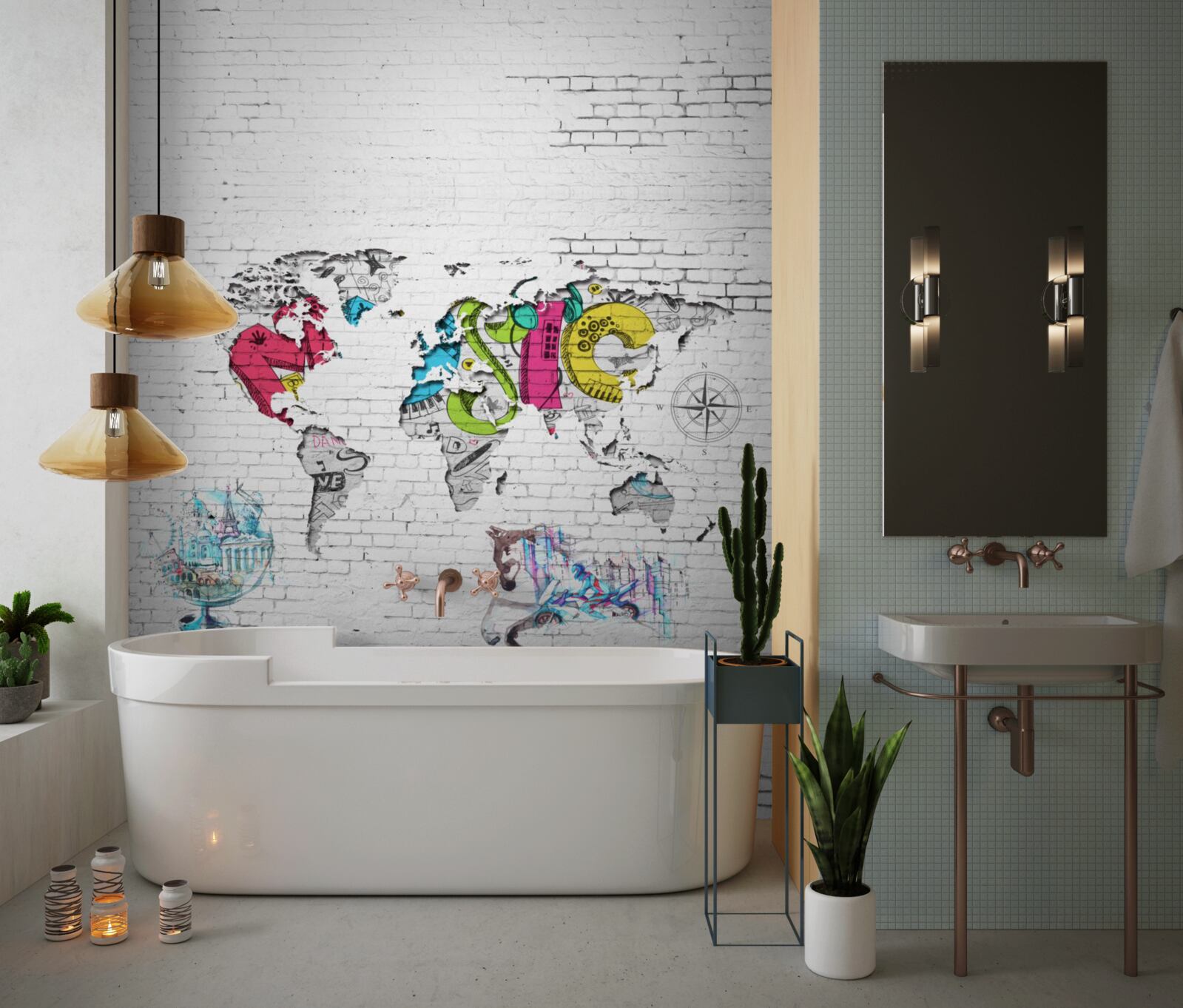 Fototapeta mapa sveta v rôznych farbách na bielej tehlovej stene