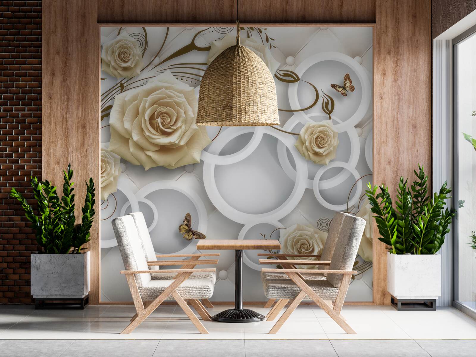 Fototapeta krémové ruže a motýle