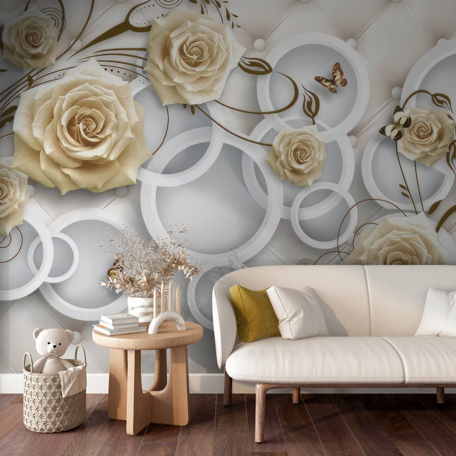 Fototapeta krémové ruže a motýle