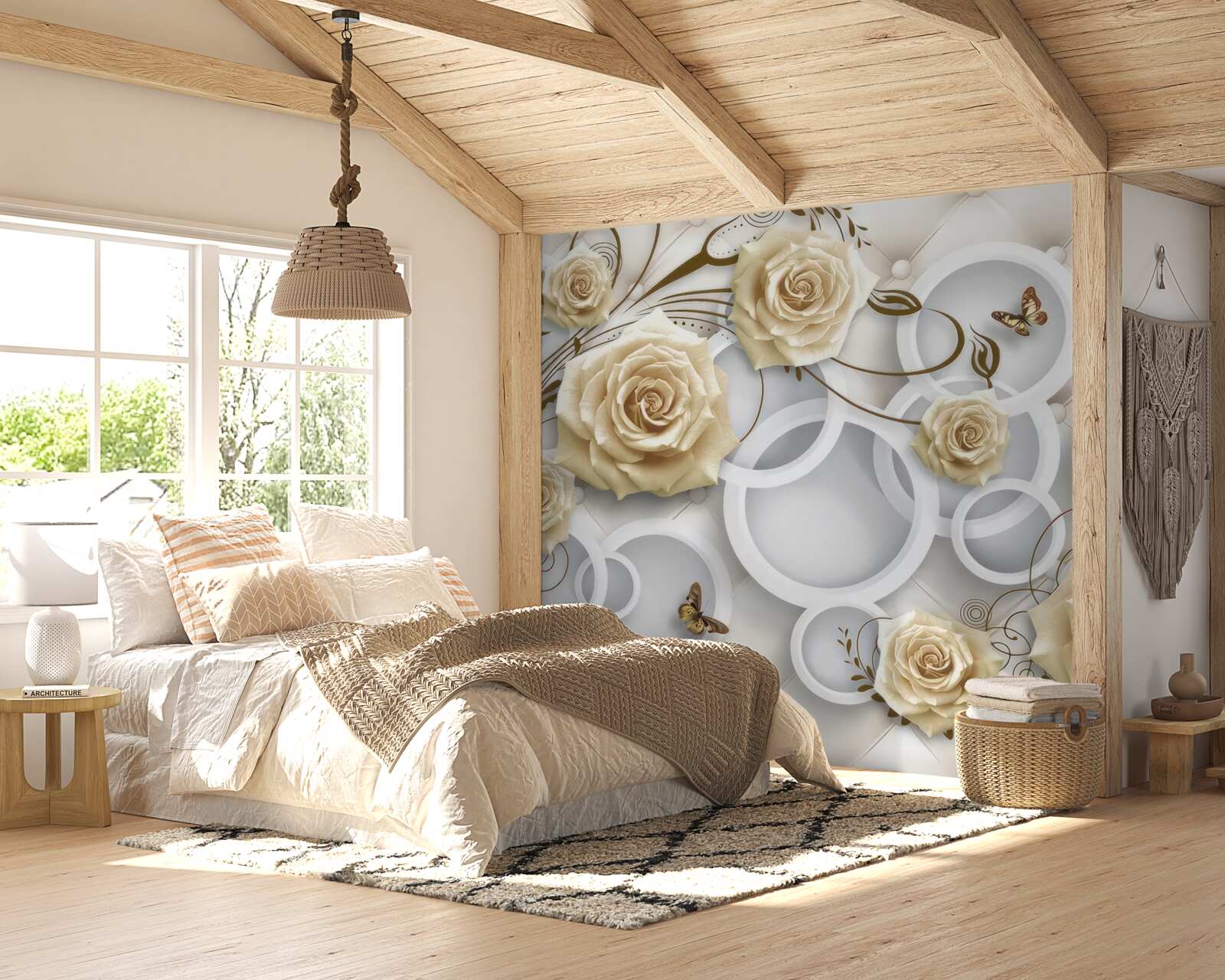 Fototapeta krémové ruže a motýle