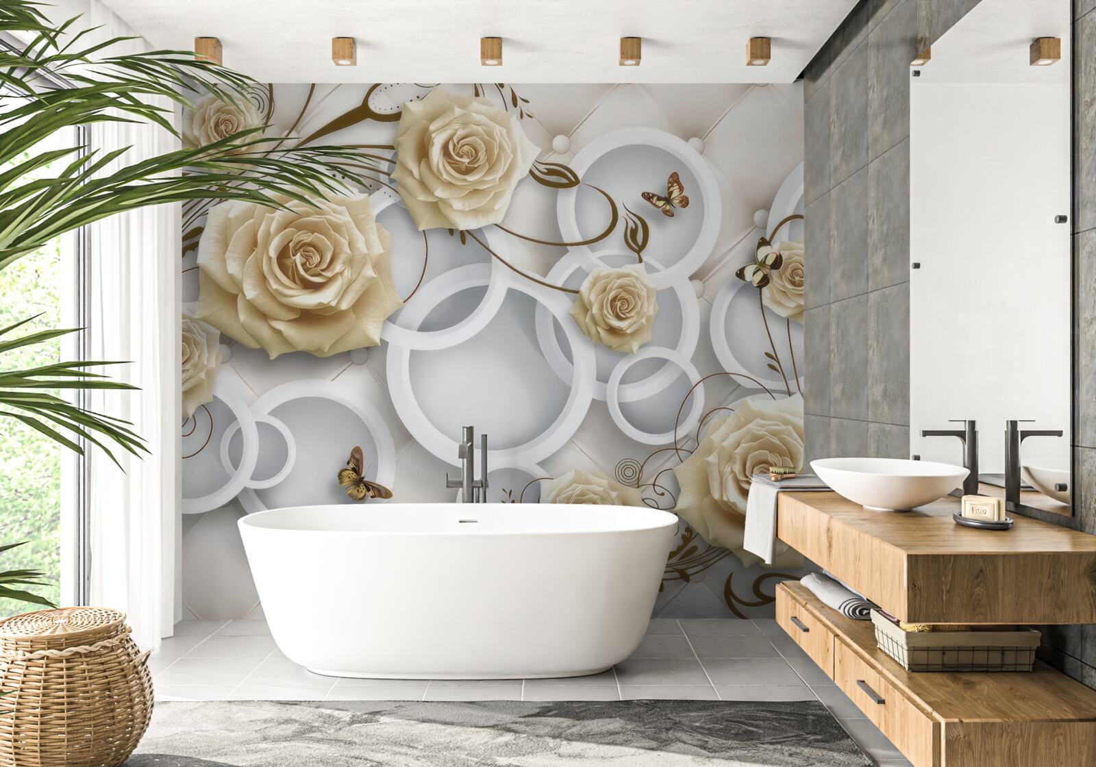 Fototapeta krémové ruže a motýle