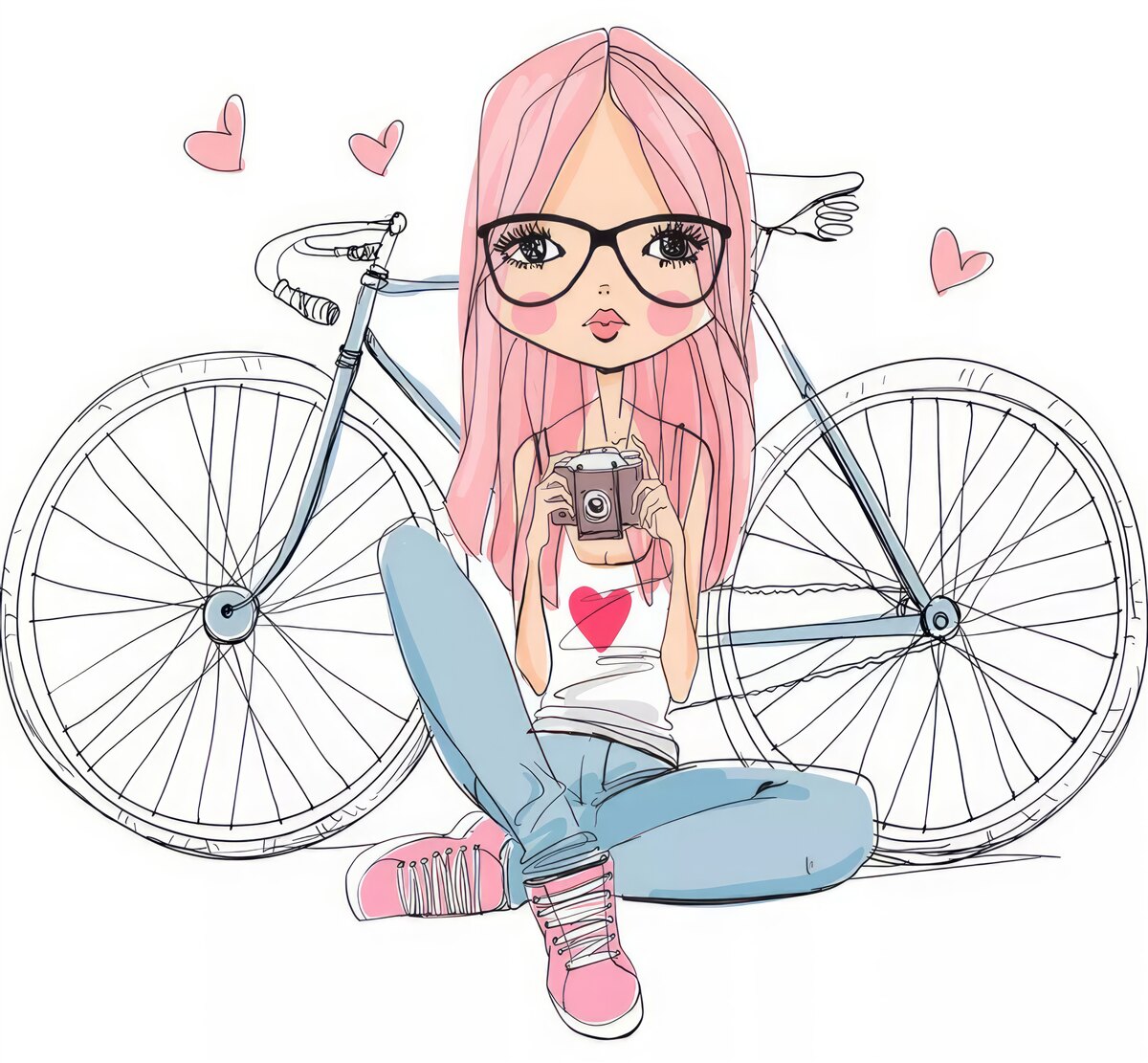 Fototapeta dievča s fotoaparátom v rukách sa opieralo o bicykel