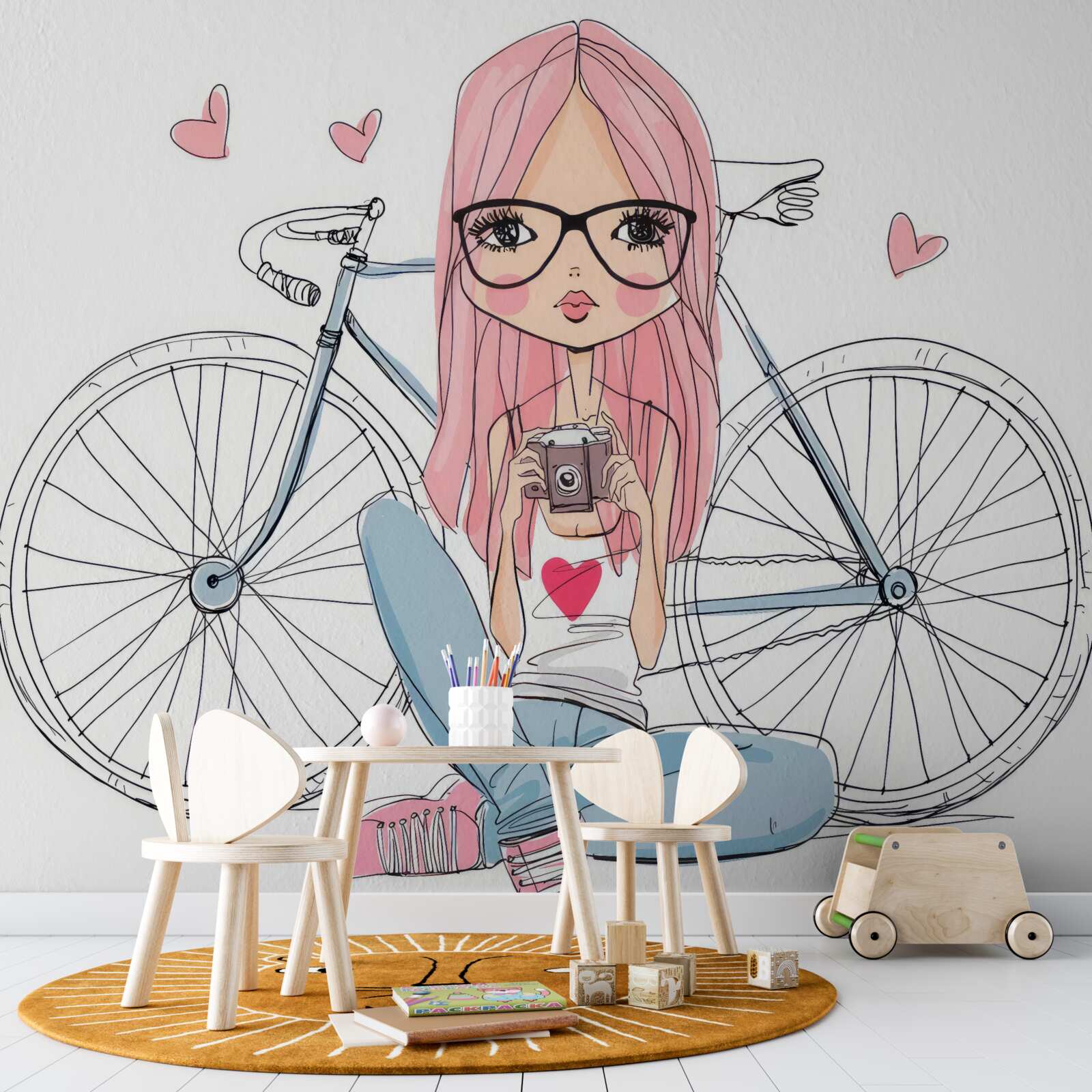 Fototapeta dievča s fotoaparátom v rukách sa opieralo o bicykel