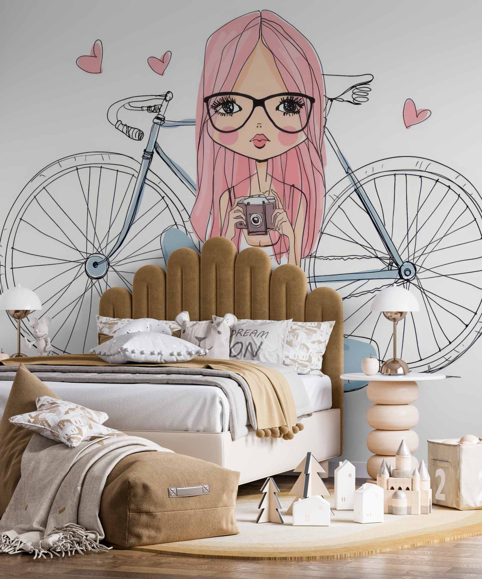 Fototapeta dievča s fotoaparátom v rukách sa opieralo o bicykel