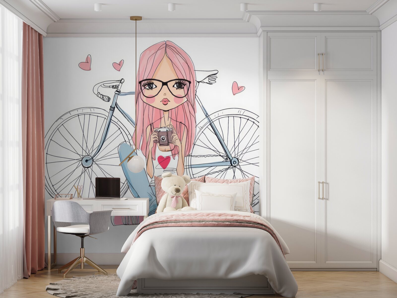 Fototapeta dievča s fotoaparátom v rukách sa opieralo o bicykel