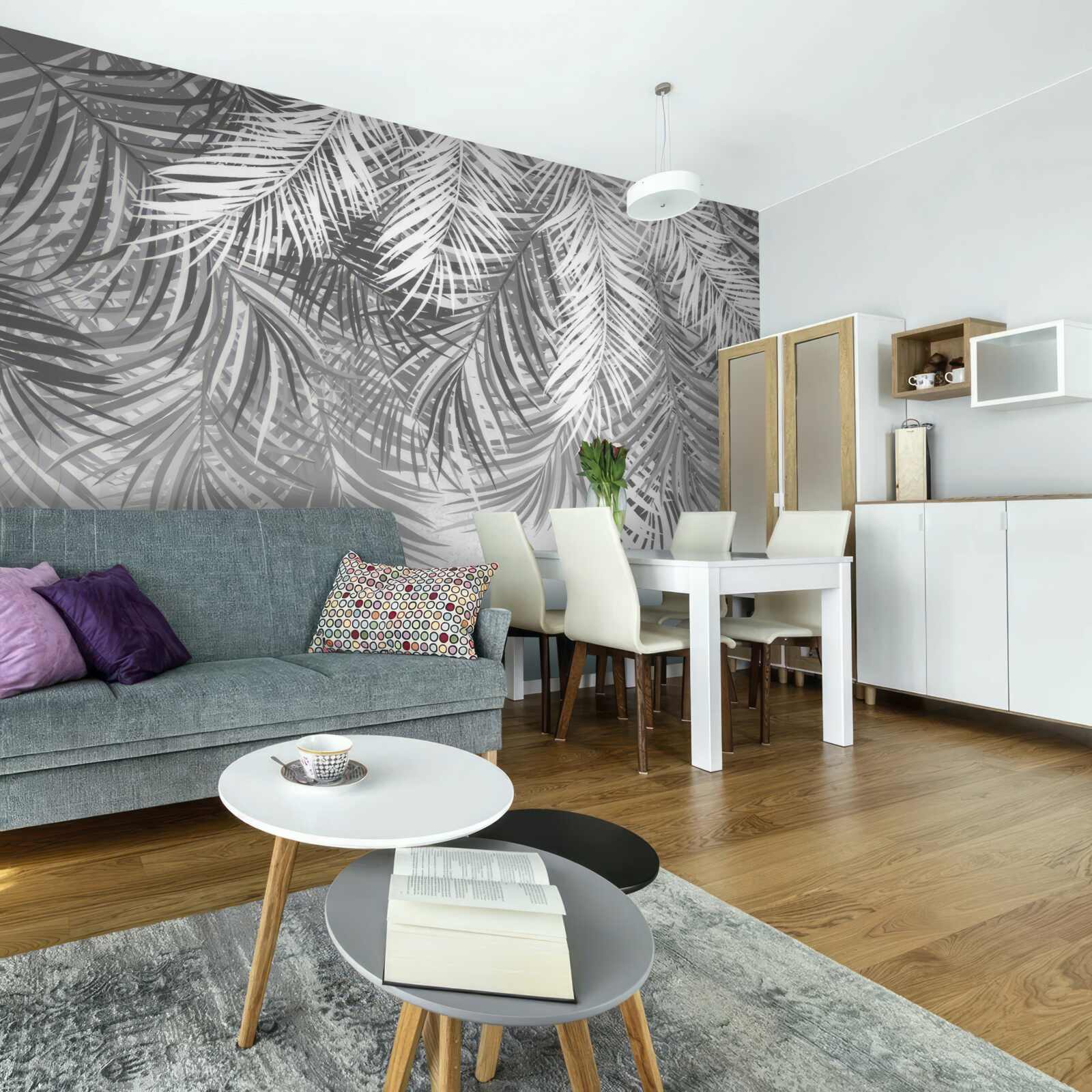 Fototapeta visiace paprade v odtieňoch bielej a šedej