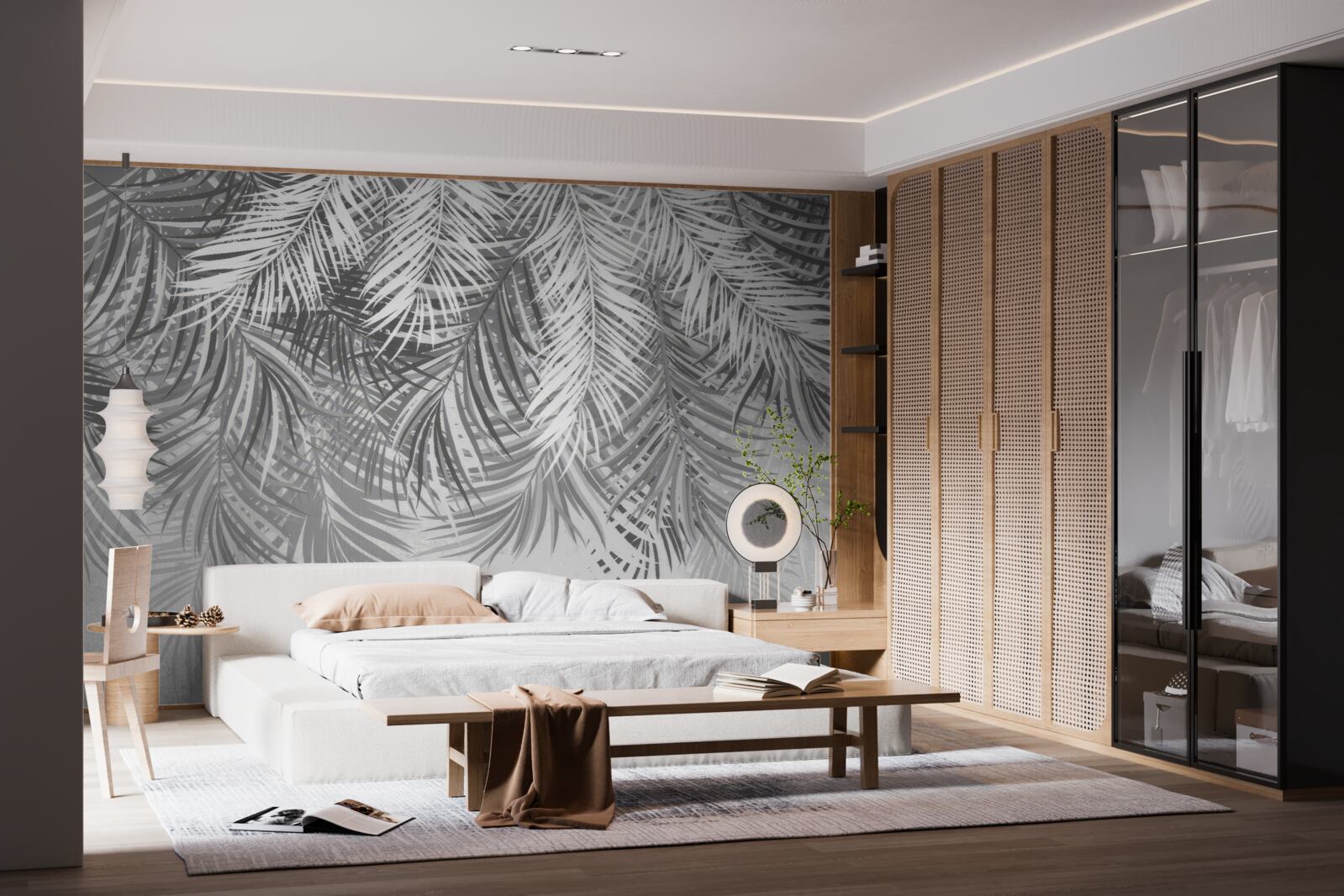 Fototapeta visiace paprade v odtieňoch bielej a šedej