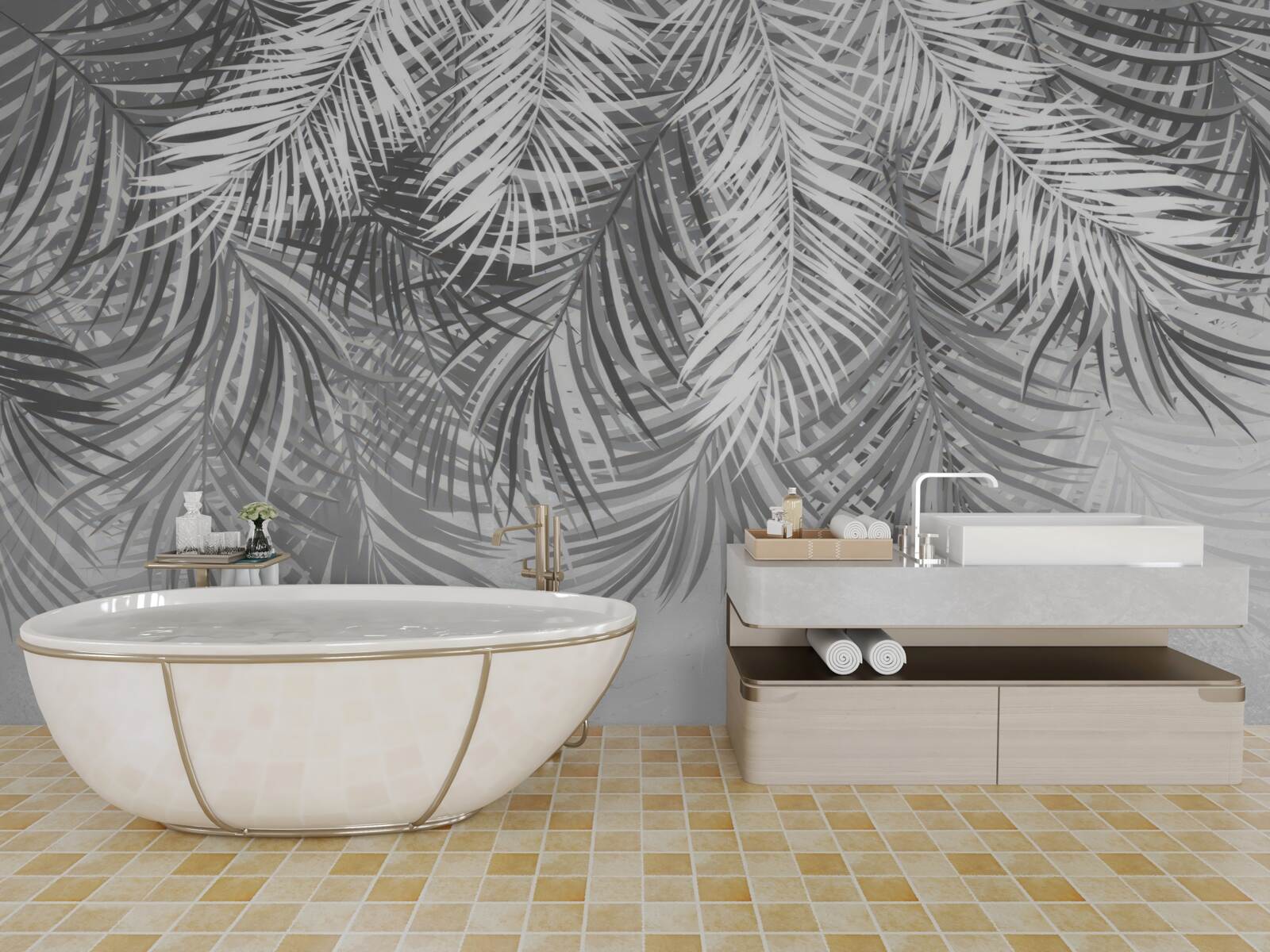 Fototapeta visiace paprade v odtieňoch bielej a šedej