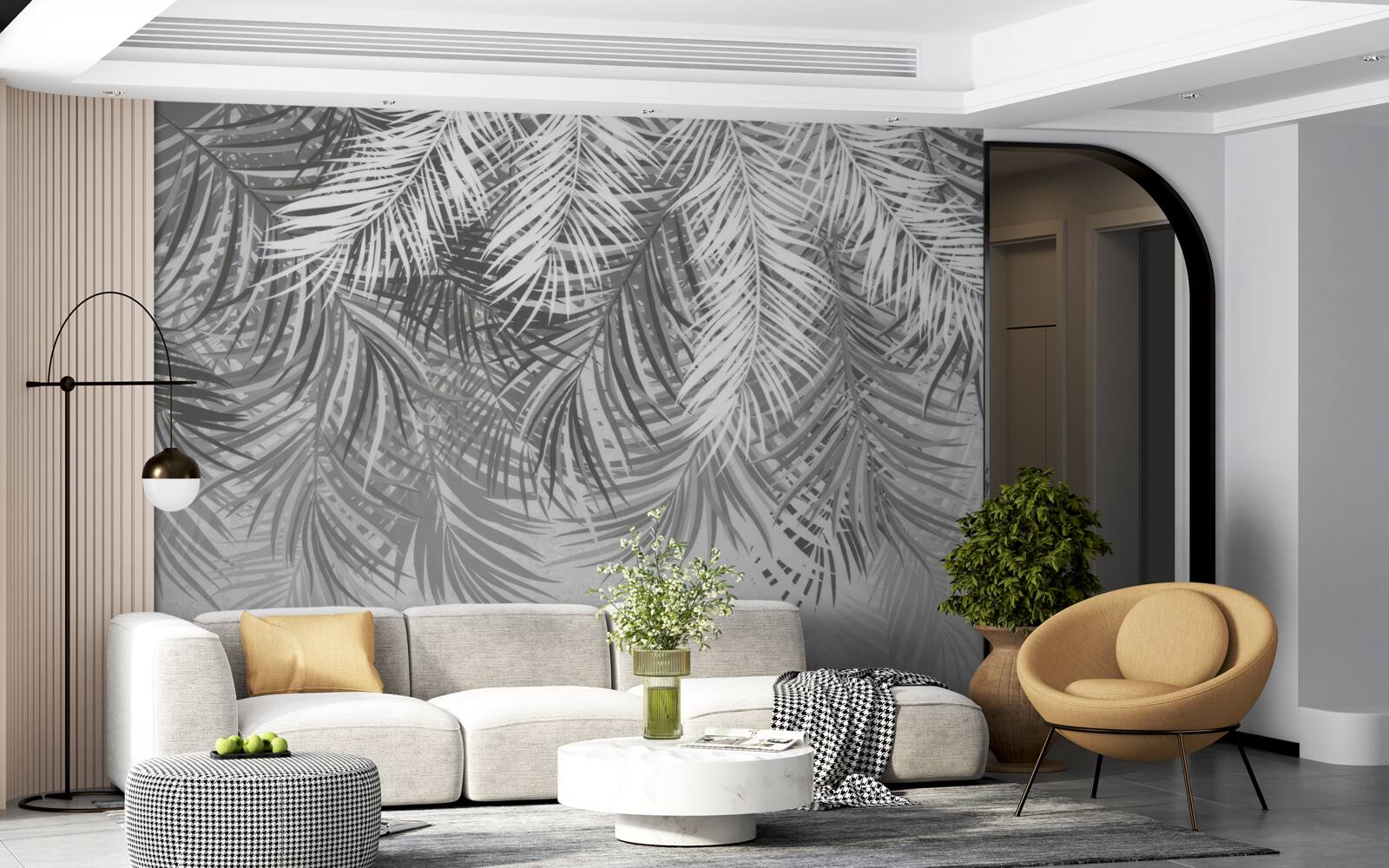 Fototapeta visiace paprade v odtieňoch bielej a šedej
