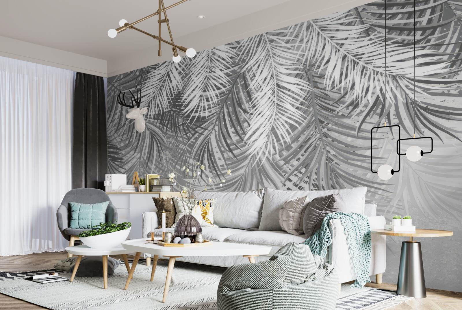Fototapeta visiace paprade v odtieňoch bielej a šedej