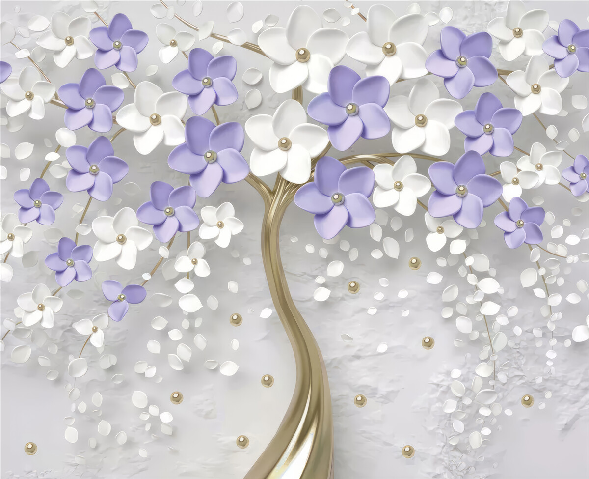Fototapeta zlatý stromček zdobený bielymi a orgovánovými kvetmi