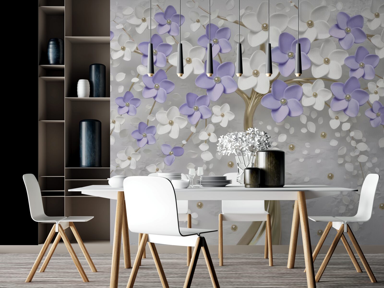 Fototapeta zlatý stromček zdobený bielymi a orgovánovými kvetmi